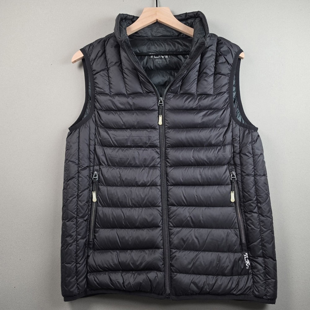 TUMI PAX Mens S Black Packable Down Puffer Vest Travel Pillow Full Zip 0F67125